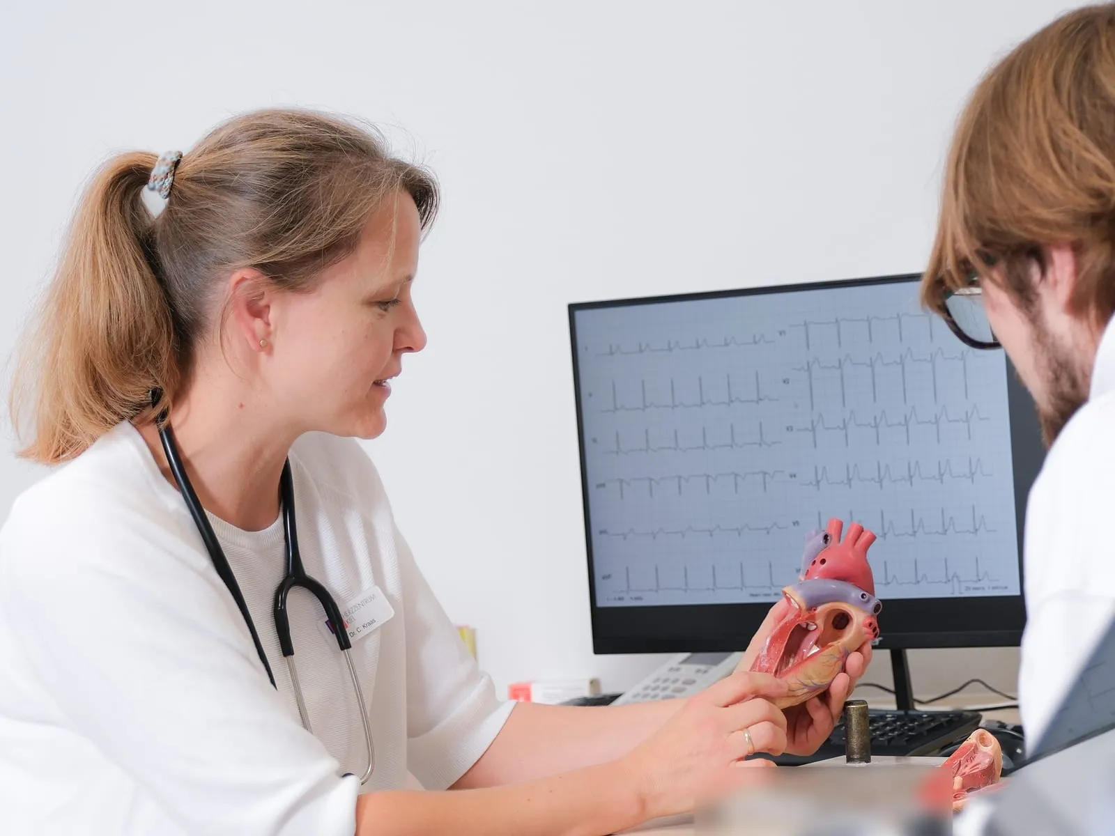 Eine Ärztin erklärt einem Patienten seinen Befund am Herzmodell, im Hintergrund ein EKG.